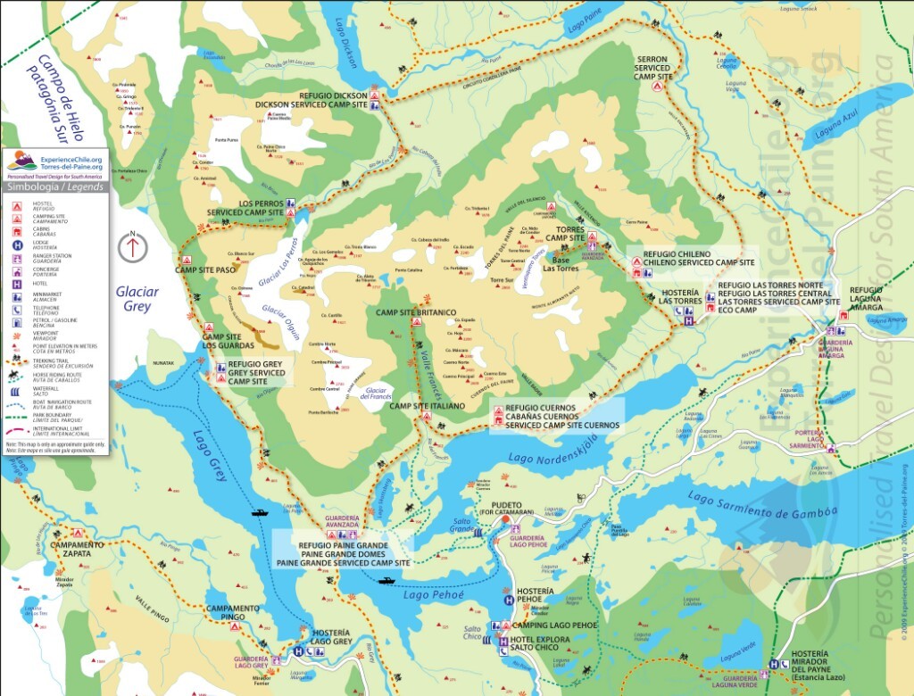 Mapa del Parque Nacional Torres del Paine ; Chile